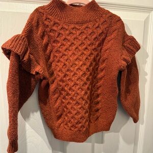 Rust Cable Knit Sweater with Ruffle Sleeve